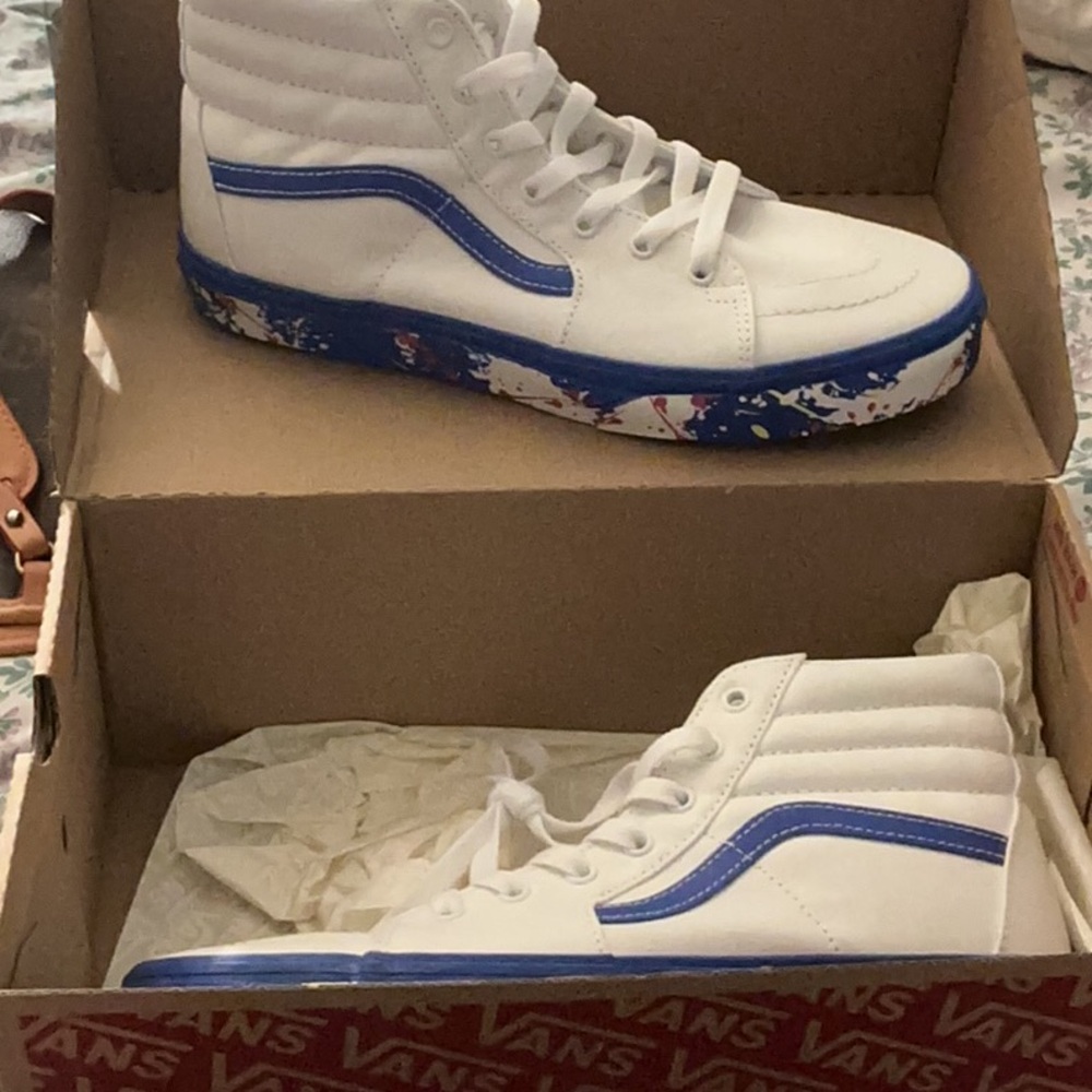 Vans White and Blue High-Tops with Splatter Sole